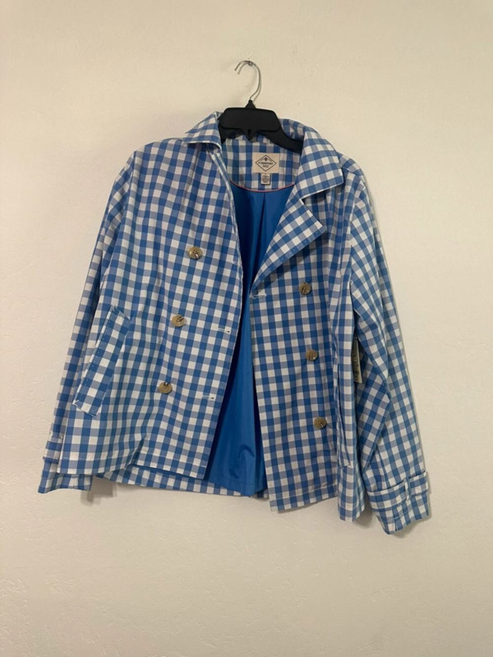 NWT St. John’s Bay Blue Gingham Double Breasted Jacket Large Spring Coat